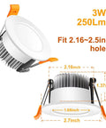2 Inch Recessed LED Downlights Dimmable 3W Energy Saving Equivalent To 35W Halogen 3000K Warm White CRI 80 Keeps It Bright With Integrated Driver Ceiling Light Kit 8 Pack dimensions and design close-up