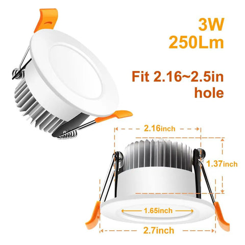 2 Inch Recessed LED Downlights Dimmable 3W Energy Saving Equivalent To 35W Halogen 3000K Warm White CRI 80 Keeps It Bright With Integrated Driver Ceiling Light Kit 8 Pack dimensions and design close-up