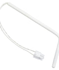Ice maker bin thermistor for Whirlpool ice makers; white sensor with two-wire connector (close-up view)