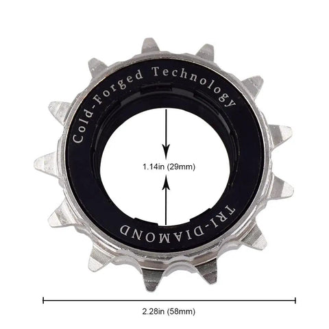 13T BMX Freewheel For Single Speed Use 1/2 Inch By 1/8 Inch, Silver Finish, Built Tough Alloy Construction For Street, Dirt Jump And Park Riding, Easy Install With Smooth Pedal Power, top view with dimensions