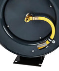 Beefy Heavy Duty Steel Retractable Hose Reel For Air And Water Three Eighths Inch By Fifty Feet Hybrid Polymer Hose Max 300 PSI base view