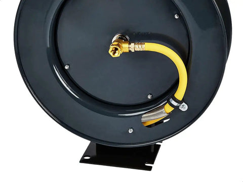 Beefy Heavy Duty Steel Retractable Hose Reel For Air And Water Three Eighths Inch By Fifty Feet Hybrid Polymer Hose Max 300 PSI base view