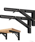 Legit Heavy Duty Folding Shelf Brackets Solid Steel Wall Mounted Space Saver with two arms supporting a wooden table.