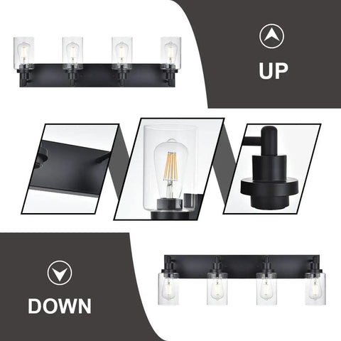 Black 4 Light Vanity Lighting Fixtures Over Mirror With Clear Glass Shades Modern Indoor Wall Mount Bath Bar