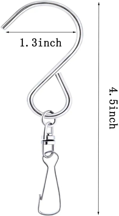 24 Piece Swivel Clip Hanging Hooks With Dual Rotation And Spiral S Shape Design Includes Sturdy Plastic Storage Bin. Stainless steel hook measuring 1.3x4.5 inches.
