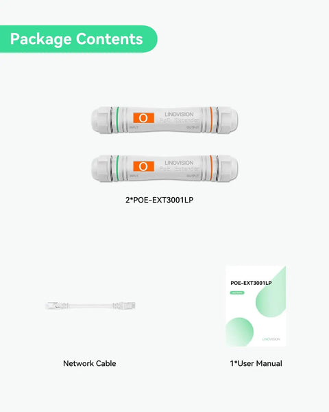 Heavy Duty Outdoor PoE Extender Crushes Dead Zones Boosts Ethernet Transmission Up To 2600 Feet includes two extenders, network cable, and user manual.