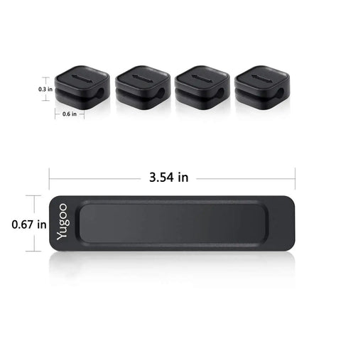 Magnetic Cable Holder Clips Dope Desk Organizer For All Wires, 2 Pack In Black And White, Easy Install With 3M Adhesive And Strong Magnetic Buckles For Tidy Cables, black clips and strip shown with dimensions.