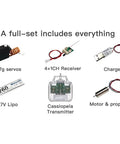 F-15 RC Airplane Ducted Fan Ready To Fly Kit components, including 1.7g servos, 4+1CH receiver, charger, battery, transmitter, motor & propeller.