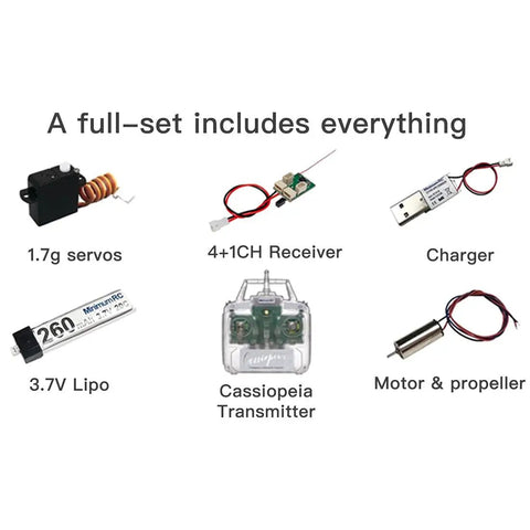 F-15 RC Airplane Ducted Fan Ready To Fly Kit components, including 1.7g servos, 4+1CH receiver, charger, battery, transmitter, motor & propeller.