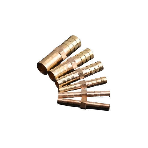 Brass Straight Hose Fitting Equal Barb Connector Adapter For 4mm To 25mm Hose Sizes laid out in a row