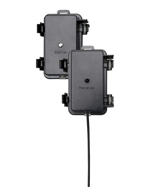 Battery Powered IR Beam Sensor Animatronic Activator For Halloween Displays With 20 Ft Range And Multicolor Lighting Easy Setup Includes Emitter And Receiver Cords And Mounting Hardware For Quick Spooky Scene Activation, showing emitter and receiver units.