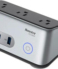 Heavy Duty Desk Power Hub Delivering 100W Fast Usb C Charging With Three Wide Ac Outlets And A Slim Five Foot Flat Cable in matte grey.
