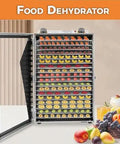 Real Deal Commercial Food Dehydrator With Heavy Gauge Stainless Steel Trays Adjustable Temperature Control And Built In Timer For Cranking Out Perfectly Dried Fruits And Homemade Snacks with stacked fruits inside.