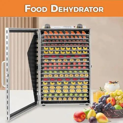 Rock Solid Commercial Food Dehydrator With Durable Stainless Steel Trays For Bright Fruits Crispy Veggies And Savory Jerky Carrying Roomy Stackable Racks And Zero Fuss Temp Control with colorful dried fruits inside.