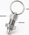 Heavy Duty Self Locking Indexing Plunger With Soft Nylon Twist Thumb Wrap And Reliable Spring Loaded Positioning Pin For Rock Solid Machine Setup And Fast Jig Swaps M8 Pair, stainless steel with M10 thread and pull ring.