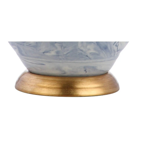 Blue and white marbleized ceramic base with gold accent of a table lamp. Blue And White Marbleized Ceramic Table Lamp With Gold Accents And White Linen Empire Shade.
