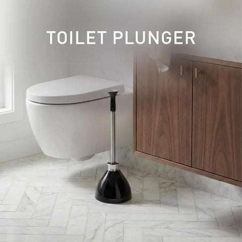 Magnetic Drip-Free Toilet Plunger and Holder Set for Modern Low-Flow Toilets, Stainless Steel Black Finish in Bathroom Setting