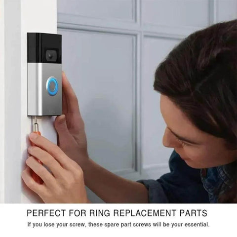Person installing a video doorbell using Doorbell Screws Replacement Kit With Four Types, 16 Or 20 Piece Set, T16 Short And Long, T5 Short And Long Security Screws For Video Doorbell Cameras, Galvanized Hardened Carbon Steel, A Must Have For Doorbell 2 And Pro Models.