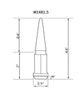 Technical diagram of Red Spike Lug Nuts In Steel, 32 Count, M14X1.5, 60 Degree Conical Seat, Closed End, One Piece, 4.4 Inch, 0.9 Inch.