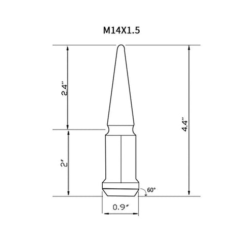Technical diagram of Red Spike Lug Nuts In Steel, 32 Count, M14X1.5, 60 Degree Conical Seat, Closed End, One Piece, 4.4 Inch, 0.9 Inch.