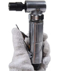 Heavy Hitter 90 Degree Angle Sander With 2000 RPM Variable Throttle And Inline Regulator Compact Pneumatic Mini Grinder held by a gloved hand.