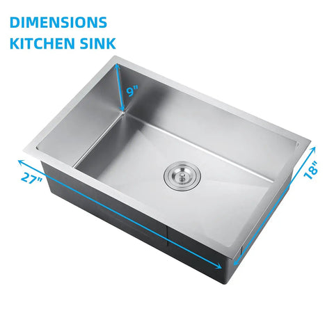 Drop In Kitchen Sink Single Bowl Stainless Steel 16 Gauge 304 Grade With Sink Strainer, Waste Basket And Bottom Grid, 27 by 18 inch