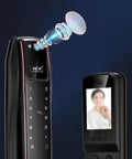 Smart Video Door Lock With Digital Fingerprint Scanner And Remote Access Featuring Wide Angle Camera Auto Lock And Antispoof Tech For No Fuss Entry And Top Shelf Home Security Solutions with touchscreen interface and display.