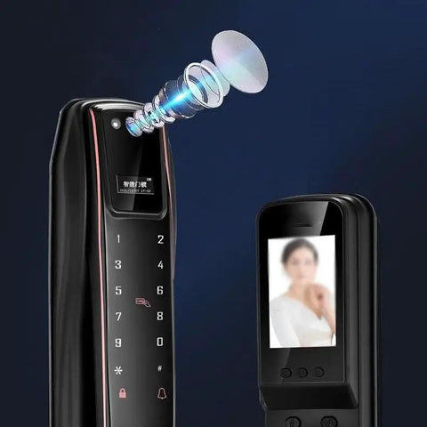Smart Video Door Lock With Digital Fingerprint Scanner And Remote Access Featuring Wide Angle Camera Auto Lock And Antispoof Tech For No Fuss Entry And Top Shelf Home Security Solutions with touchscreen interface and display.