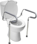 Solid Adjustable Toilet Safety Rails For Seniors Offering Smooth Bailout Support With Non Slip Padded Arms Heavy Duty 300 LB Capacity Top Shelf Bathroom Assist Bars Commode Seat Frame next to a toilet.