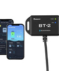 BT 2 Smart Solar Monitor with Wireless App Control, showing mobile interface and rectangular Bluetooth module with cables.