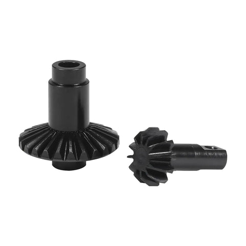 Machined Steel Pinion Gear Set 24T And 12T for 1/18 RC crawler upgrade, displayed with axle differential helical gears.
