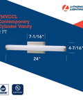 24 Inch MVOLT Vanity Light Fixture With Cylinder Shade Color Temperature Switchable 3000K 3500K 4000K display with size dimensions