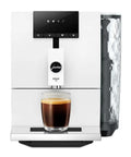 Lock In The Ultimate Morning Perk Up With This Factory Refurbished Automatic Coffee Machine In Sharp Nordic White with coffee glass