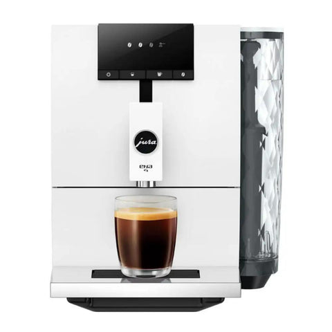 Lock In The Ultimate Morning Perk Up With This Factory Refurbished Automatic Coffee Machine In Sharp Nordic White with coffee glass