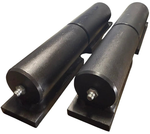 Amazon 9-inch barrel weld-on hinges with plates, side view, black steel, 2000 lb capacity each, set of 4
