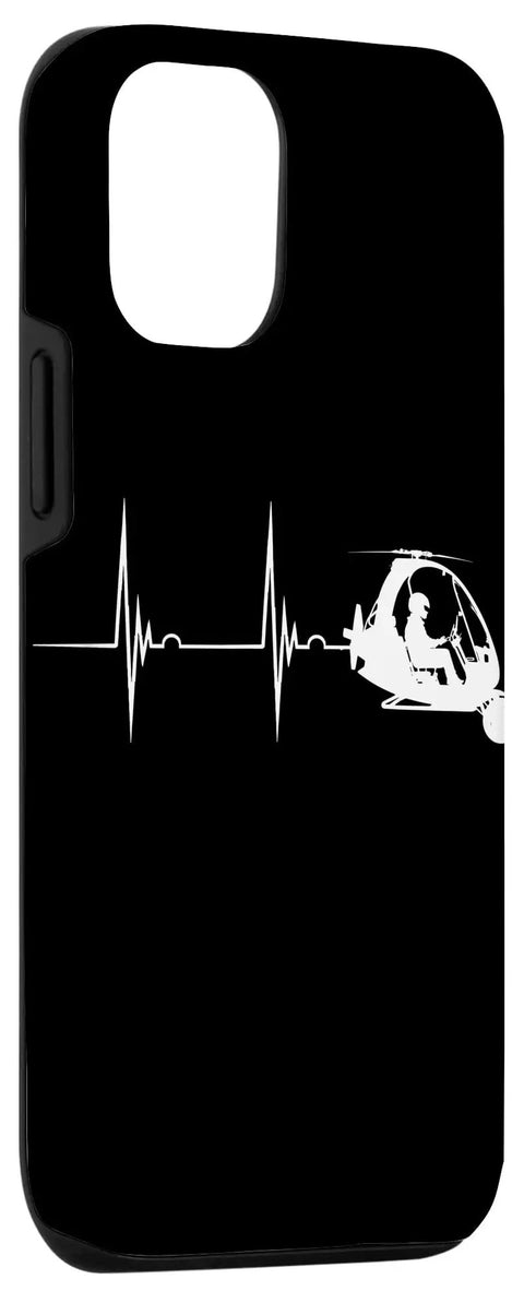 Gyrocopter Aviation Heartbeat EKG Pulse Case For iPhone 12 And 12 Pro featuring a white EKG line and gyrocopter graphic on black background.