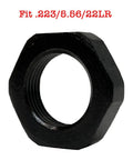 High Stakes 1/2 Inch by 28 Thread Jam Nuts Badass Black Steel for AR 15 223 Rem and 5 56 Nato Rifle Builds Solid Machined hex lock nut side view