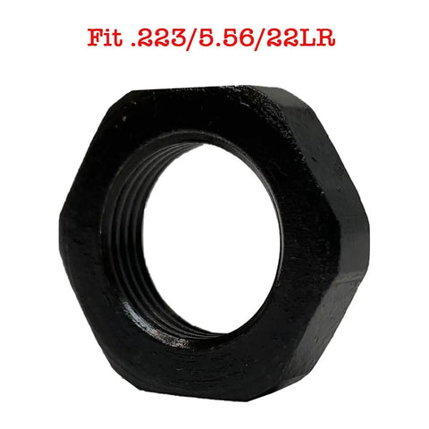 High Stakes 1/2 Inch by 28 Thread Jam Nuts Badass Black Steel for AR 15 223 Rem and 5 56 Nato Rifle Builds Solid Machined hex lock nut side view