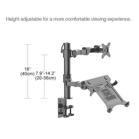 Heavy Duty Dual Monitor Arm Stand With Full Motion Height Adjustable Desk Mount For 10 To 27 Inch Screens And 15.6 Inch Laptops Up To 22 Lbs Each, showing height adjustment features.