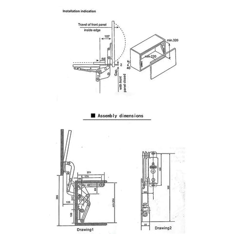 Technical diagram of Space Saving Translational Lift Up Cabinet Hinge With Flap Support For Tight Kitchens, 5Kg Max Load.