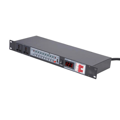 Pro 10 Outlet Power Sequencer With Digital Voltage Readout, 1U rack-mountable, black aluminum, controls audio equipment safely.