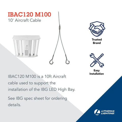 Ten Foot Beefy Aircraft Cable With Hooks Hanging Suspension Kit For Indoor LED High Bay Lights display with specs and logos