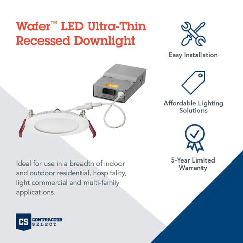 Ultra Slim 4 Inch LED Recessed Wafer Downlight With Color Temperature Switchable 3000K 4000K 5000K 90CRI Canless Matte White Trim