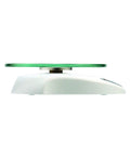 Side view of digital kitchen scale with glass platform, tare button, white plastic body, 11 lb 5 kg capacity