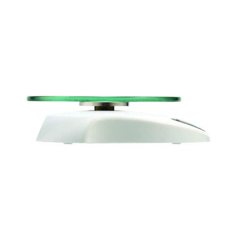 Side view of digital kitchen scale with glass platform, tare button, white plastic body, 11 lb 5 kg capacity