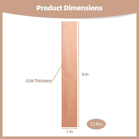 Twelve Piece Pure Copper Anode Sheets For Electroplating Strips Sized At Point Zero Zero Four X One X Six Inches with dimensions shown.