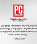 Quotation from PCMag about RE220 Dual-Band WiFi Range Extender, mentioning design and ease of use