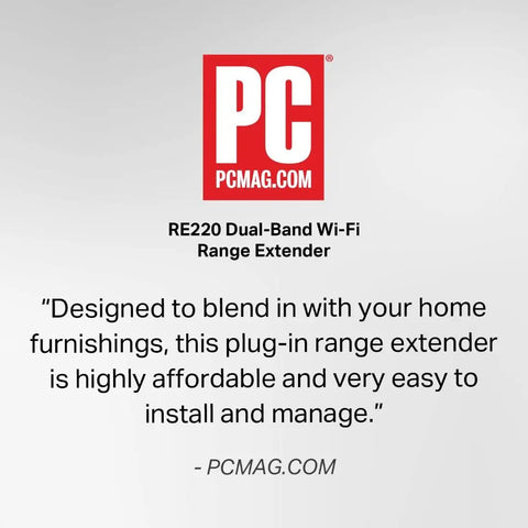 Quotation from PCMag about RE220 Dual-Band WiFi Range Extender, mentioning design and ease of use