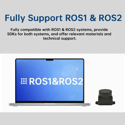 Coin D6 360 Degree TOF LiDAR Sensor With Coaxial Design And Enclosed Dustproof Housing next to laptop displaying ROS1 & ROS2 support
