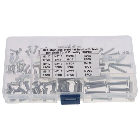 Clevis Pin Assortment Kit For M3 M4 M5 Size Pins In 304 Stainless Steel with labeled compartment box showing pins